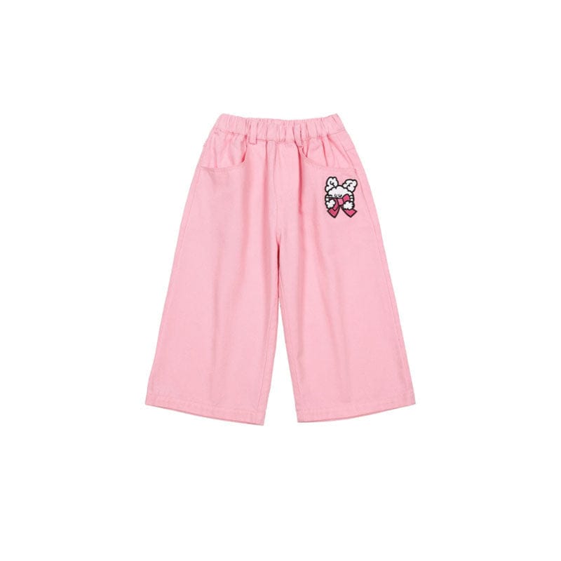 長袖ワンピース Pink cropped wide-leg pants / 90cm リボン柄長袖ワンピース/リボン柄クロップドパーカー/リボン柄スウェット/フリル付きミニスカート/ワイドパンツ【mh0010982】