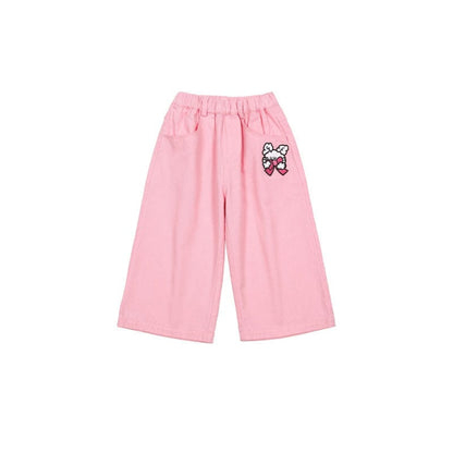 長袖ワンピース Pink cropped wide-leg pants / 90cm リボン柄長袖ワンピース/リボン柄クロップドパーカー/リボン柄スウェット/フリル付きミニスカート/ワイドパンツ【mh0010982】