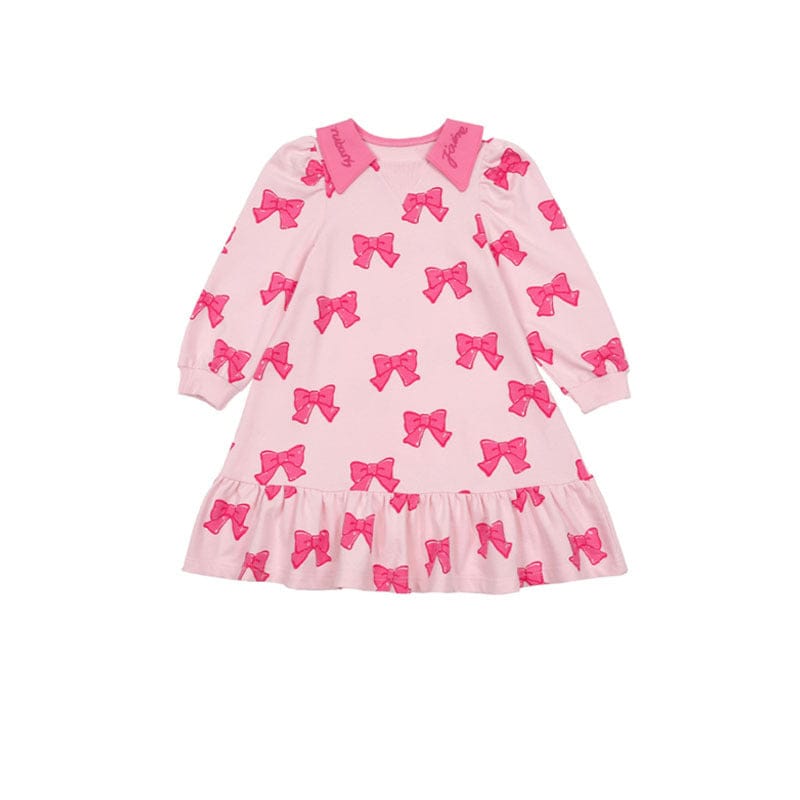 長袖ワンピース Pink full print bow long sleeve dress / 90cm リボン柄長袖ワンピース/リボン柄クロップドパーカー/リボン柄スウェット/フリル付きミニスカート/ワイドパンツ【mh0010982】
