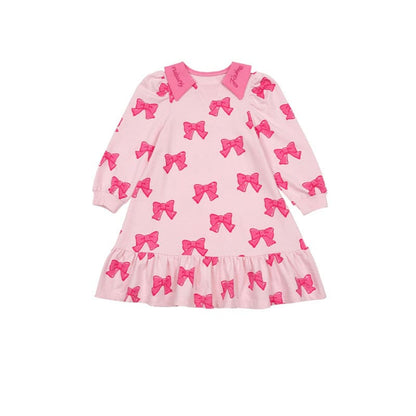 長袖ワンピース Pink full print bow long sleeve dress / 90cm リボン柄長袖ワンピース/リボン柄クロップドパーカー/リボン柄スウェット/フリル付きミニスカート/ワイドパンツ【mh0010982】