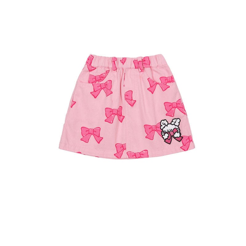 長袖ワンピース Pink full print bow skirt / 90cm リボン柄長袖ワンピース/リボン柄クロップドパーカー/リボン柄スウェット/フリル付きミニスカート/ワイドパンツ【mh0010982】