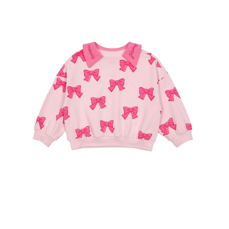 長袖ワンピース Pink full print bow sweatshirt / 90cm リボン柄長袖ワンピース/リボン柄クロップドパーカー/リボン柄スウェット/フリル付きミニスカート/ワイドパンツ【mh0010982】