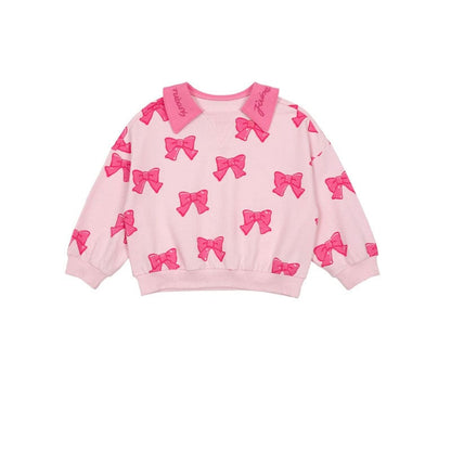長袖ワンピース Pink full print bow sweatshirt / 90cm リボン柄長袖ワンピース/リボン柄クロップドパーカー/リボン柄スウェット/フリル付きミニスカート/ワイドパンツ【mh0010982】