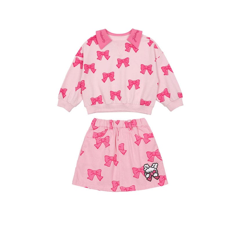 長袖セットアップ pink full print bow sweatshirt skirt set / 90cm リボン柄ビッグカラー長袖スウェット/フリル付きミニスカートセットアップ 2点セット【mh0010980】