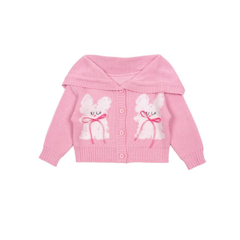 長袖ワンピース Pink Kitten Lapel Sweater Jacket / 90cm リボン柄ニットカーディガン/フリルティアードワンピース/リボン柄フリルスカート【mh0010981】