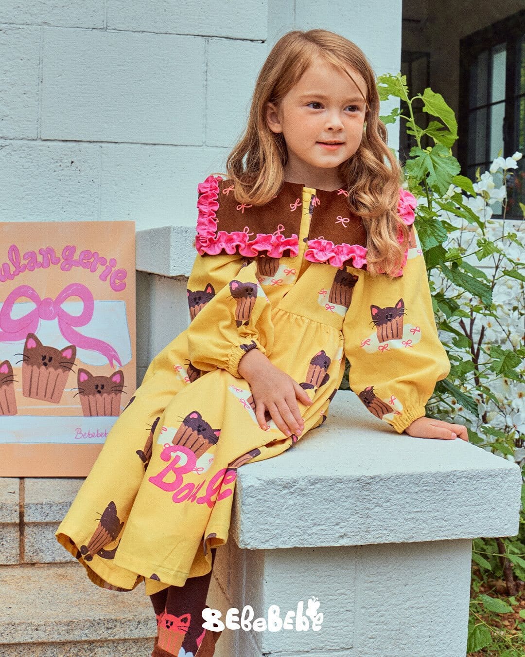 長袖ワンピース ねこ総柄ビッグカラーワンピース/フリル長袖Tシャツ/ティアードスカート【mh0010978】