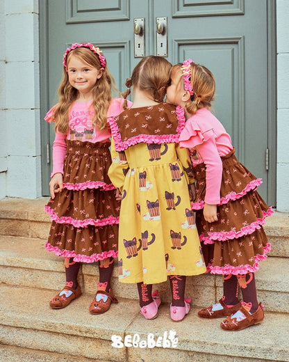 長袖ワンピース ねこ総柄ビッグカラーワンピース/フリル長袖Tシャツ/ティアードスカート【mh0010978】