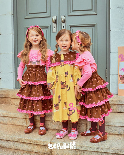 長袖ワンピース ねこ総柄ビッグカラーワンピース/フリル長袖Tシャツ/ティアードスカート【mh0010978】