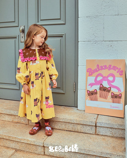 長袖ワンピース ねこ総柄ビッグカラーワンピース/フリル長袖Tシャツ/ティアードスカート【mh0010978】