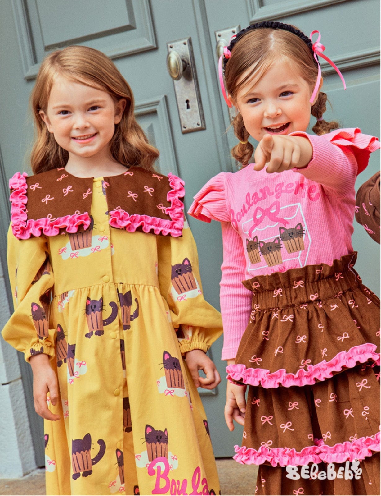 長袖ワンピース ねこ総柄ビッグカラーワンピース/フリル長袖Tシャツ/ティアードスカート【mh0010978】