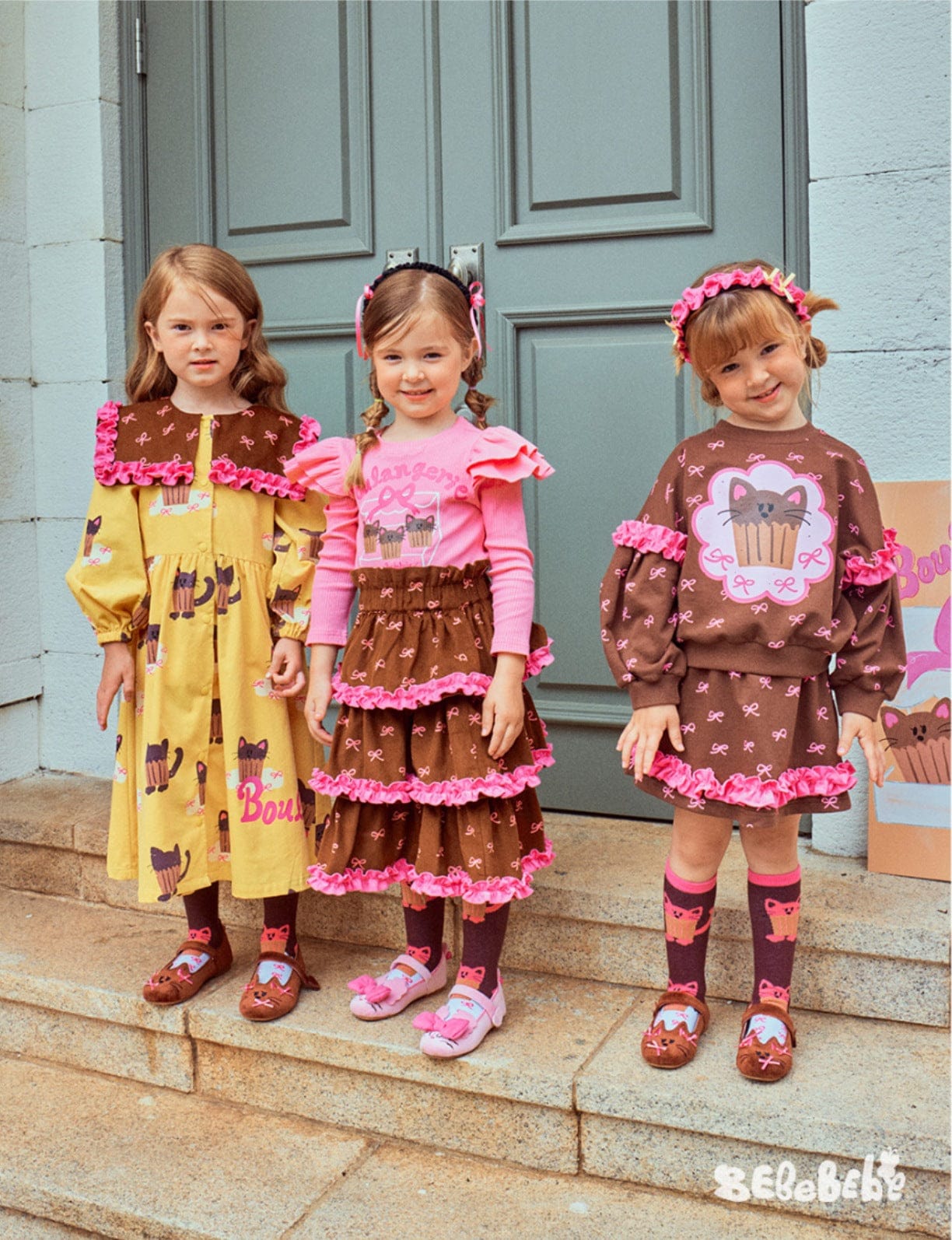 長袖ワンピース ねこ総柄ビッグカラーワンピース/フリル長袖Tシャツ/ティアードスカート【mh0010978】