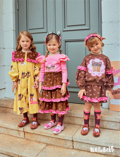 長袖ワンピース ねこ総柄ビッグカラーワンピース/フリル長袖Tシャツ/ティアードスカート【mh0010978】