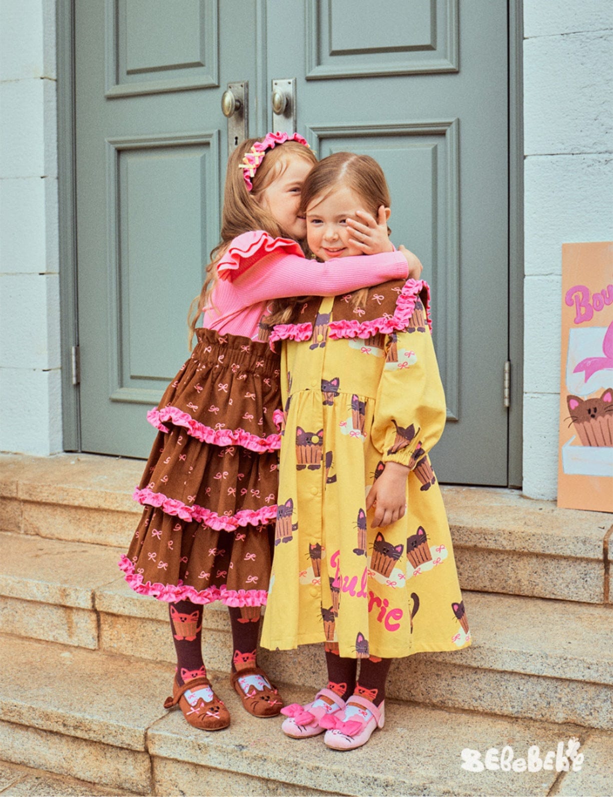 長袖ワンピース ねこ総柄ビッグカラーワンピース/フリル長袖Tシャツ/ティアードスカート【mh0010978】