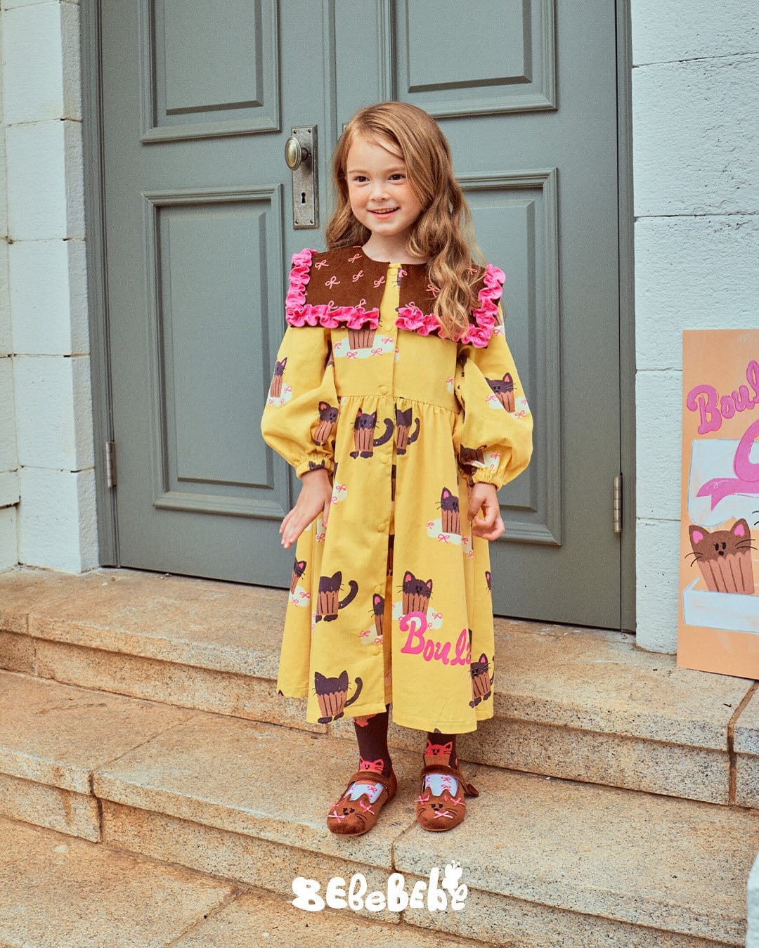 長袖ワンピース ねこ総柄ビッグカラーワンピース/フリル長袖Tシャツ/ティアードスカート【mh0010978】