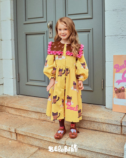 長袖ワンピース ねこ総柄ビッグカラーワンピース/フリル長袖Tシャツ/ティアードスカート【mh0010978】