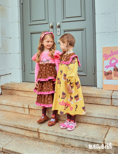 長袖ワンピース ねこ総柄ビッグカラーワンピース/フリル長袖Tシャツ/ティアードスカート【mh0010978】