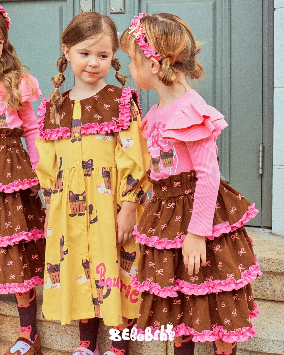 長袖ワンピース ねこ総柄ビッグカラーワンピース/フリル長袖Tシャツ/ティアードスカート【mh0010978】