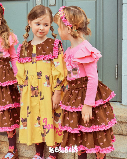 長袖ワンピース ねこ総柄ビッグカラーワンピース/フリル長袖Tシャツ/ティアードスカート【mh0010978】