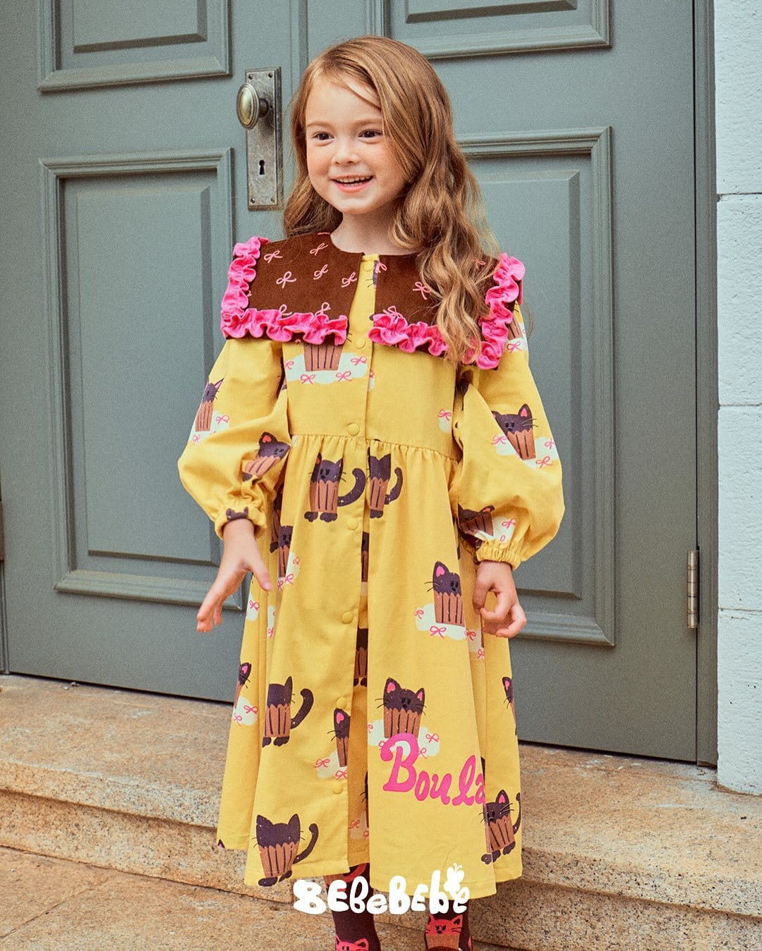 長袖ワンピース ねこ総柄ビッグカラーワンピース/フリル長袖Tシャツ/ティアードスカート【mh0010978】