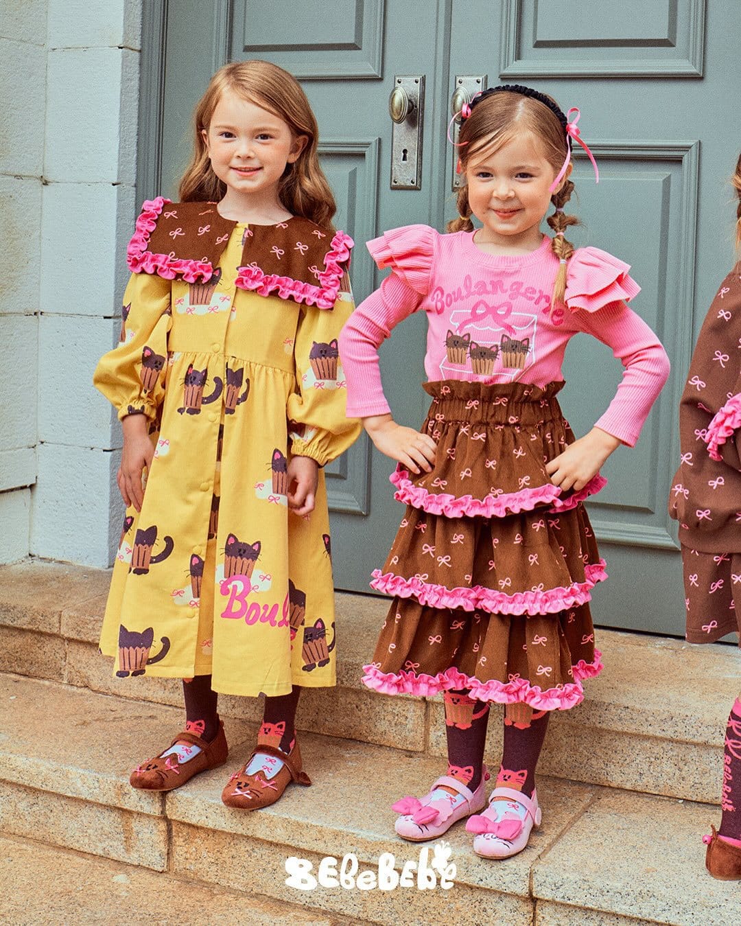 長袖ワンピース ねこ総柄ビッグカラーワンピース/フリル長袖Tシャツ/ティアードスカート【mh0010978】