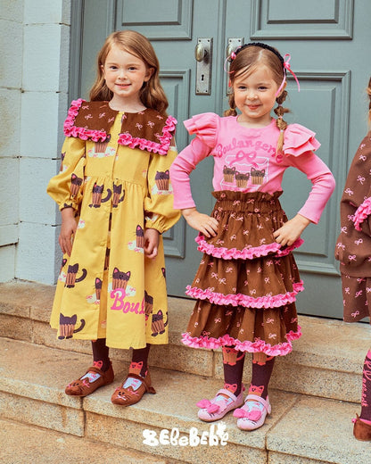 長袖ワンピース ねこ総柄ビッグカラーワンピース/フリル長袖Tシャツ/ティアードスカート【mh0010978】