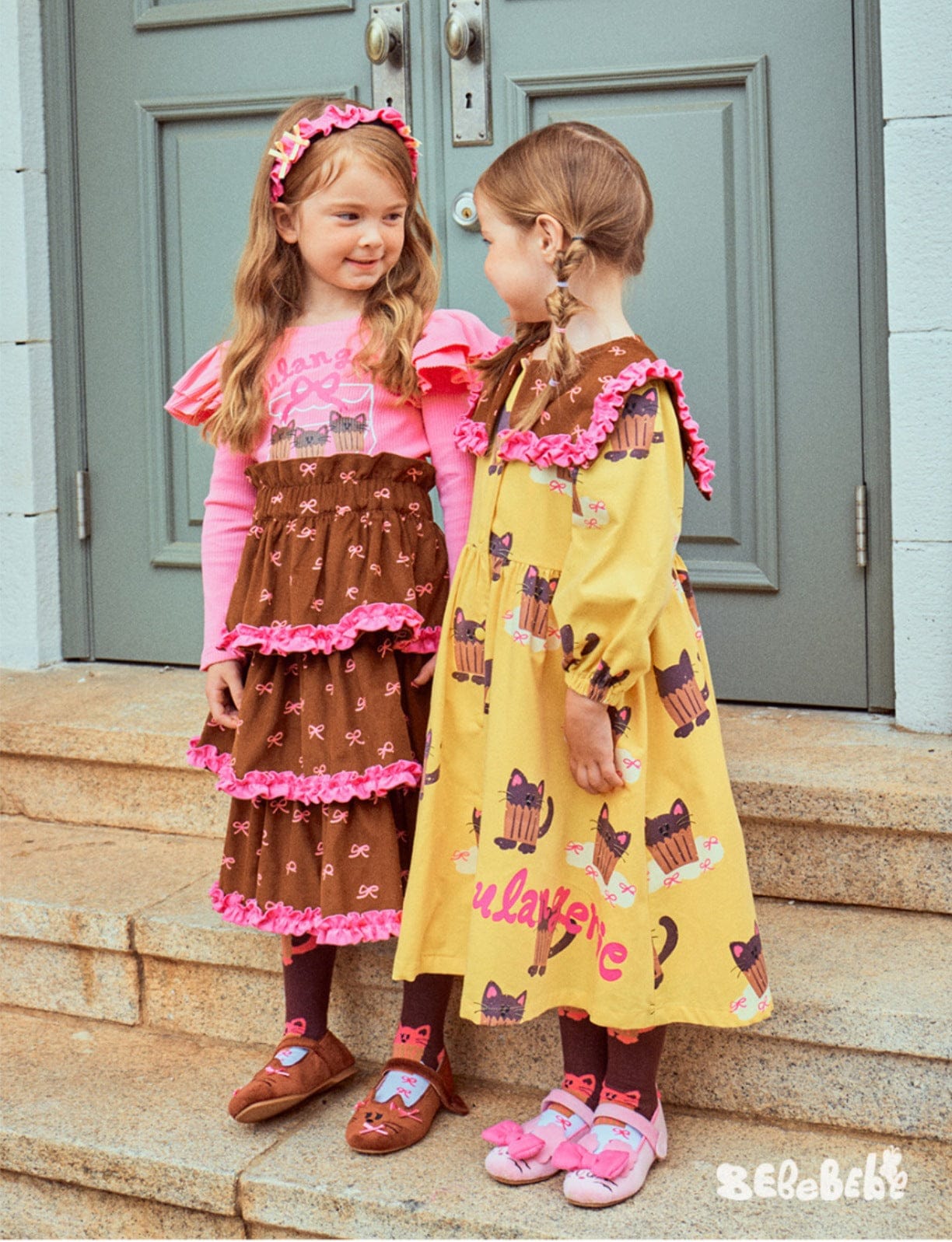 長袖ワンピース ねこ総柄ビッグカラーワンピース/フリル長袖Tシャツ/ティアードスカート【mh0010978】