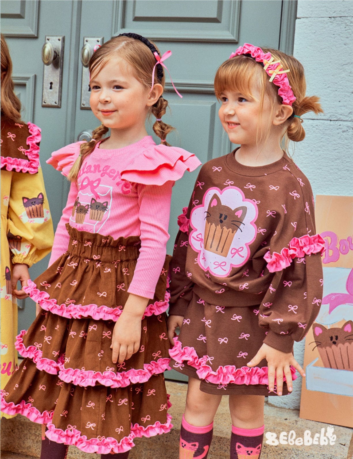 長袖ワンピース ねこ総柄ビッグカラーワンピース/フリル長袖Tシャツ/ティアードスカート【mh0010978】