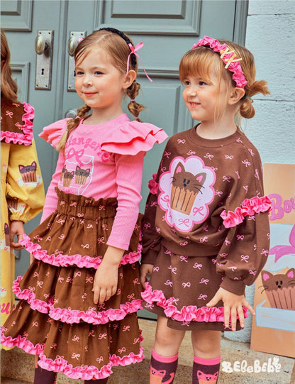 長袖ワンピース ねこ総柄ビッグカラーワンピース/フリル長袖Tシャツ/ティアードスカート【mh0010978】