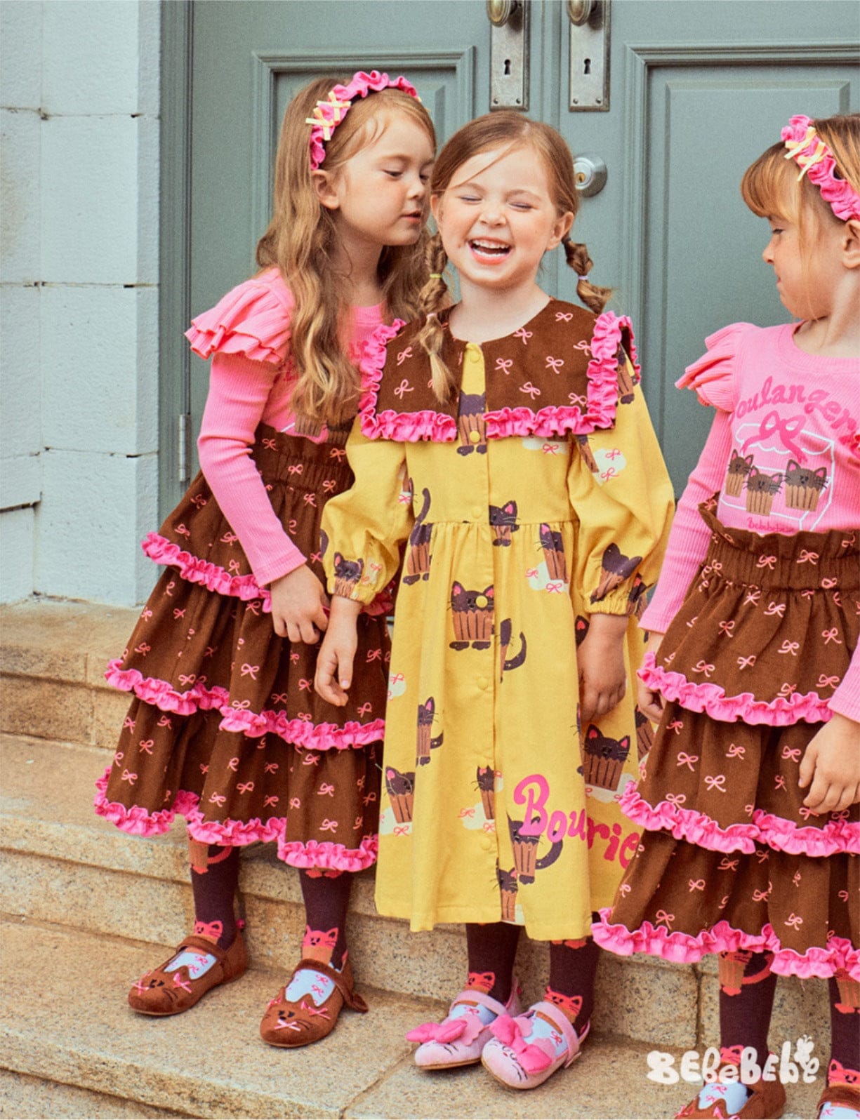 長袖ワンピース ねこ総柄ビッグカラーワンピース/フリル長袖Tシャツ/ティアードスカート【mh0010978】