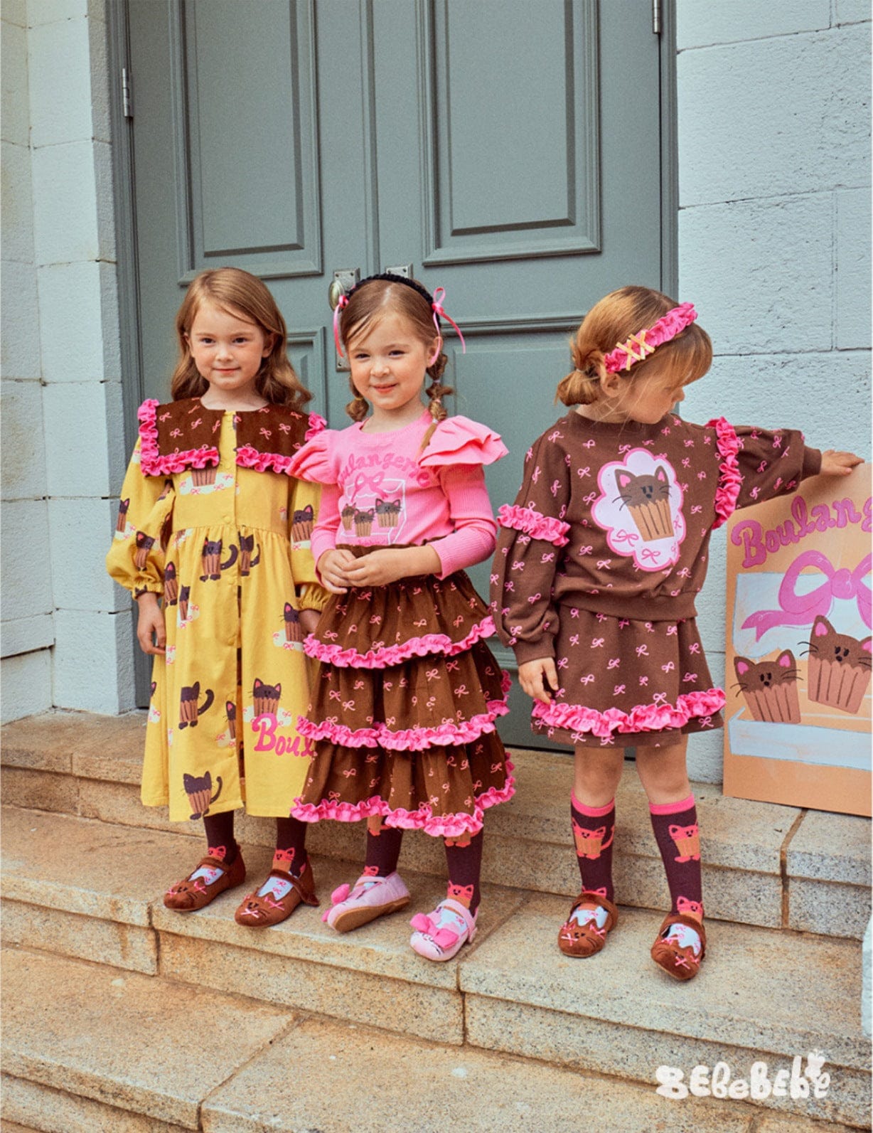 長袖ワンピース ねこ総柄ビッグカラーワンピース/フリル長袖Tシャツ/ティアードスカート【mh0010978】