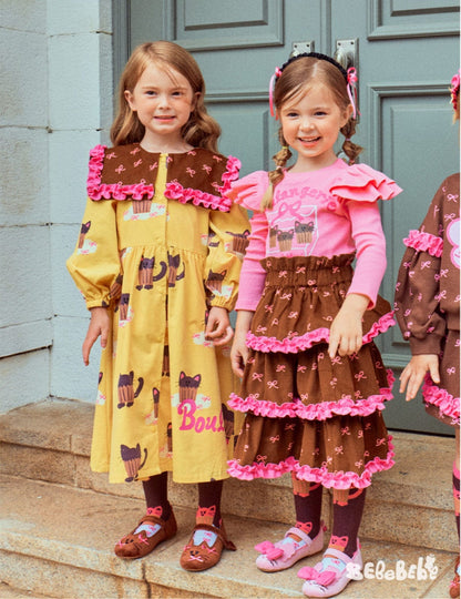 長袖ワンピース ねこ総柄ビッグカラーワンピース/フリル長袖Tシャツ/ティアードスカート【mh0010978】