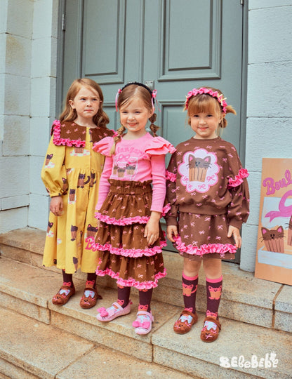 長袖ワンピース ねこ総柄ビッグカラーワンピース/フリル長袖Tシャツ/ティアードスカート【mh0010978】