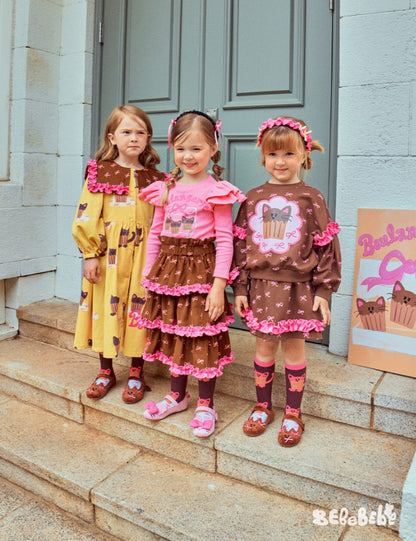 長袖ワンピース ねこ総柄ビッグカラーワンピース/フリル長袖Tシャツ/ティアードスカート【mh0010978】