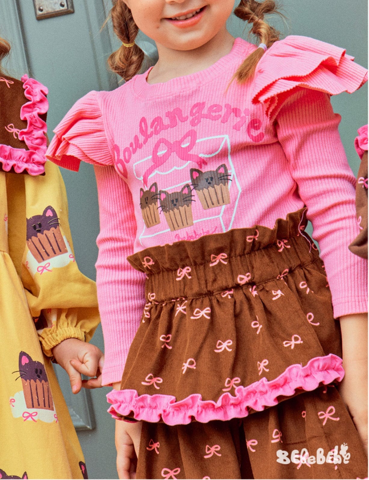 長袖ワンピース ねこ総柄ビッグカラーワンピース/フリル長袖Tシャツ/ティアードスカート【mh0010978】