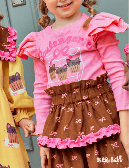 長袖ワンピース ねこ総柄ビッグカラーワンピース/フリル長袖Tシャツ/ティアードスカート【mh0010978】