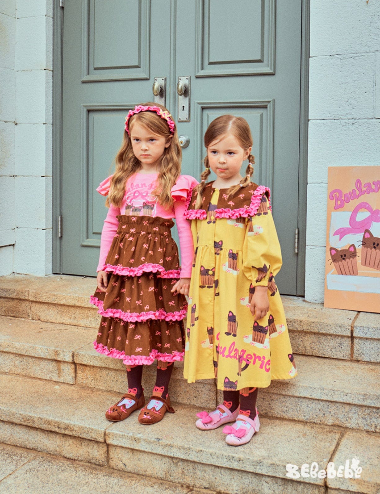 長袖ワンピース ねこ総柄ビッグカラーワンピース/フリル長袖Tシャツ/ティアードスカート【mh0010978】