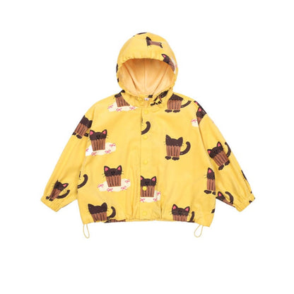 長袖セットアップ Yellow Hooded Kitten Coat / 90cm ねこ柄ジップアップパーカー/フリルスウェットシャツ/フリルキュロットスカート/スカート付きパンツ【mh0010983】