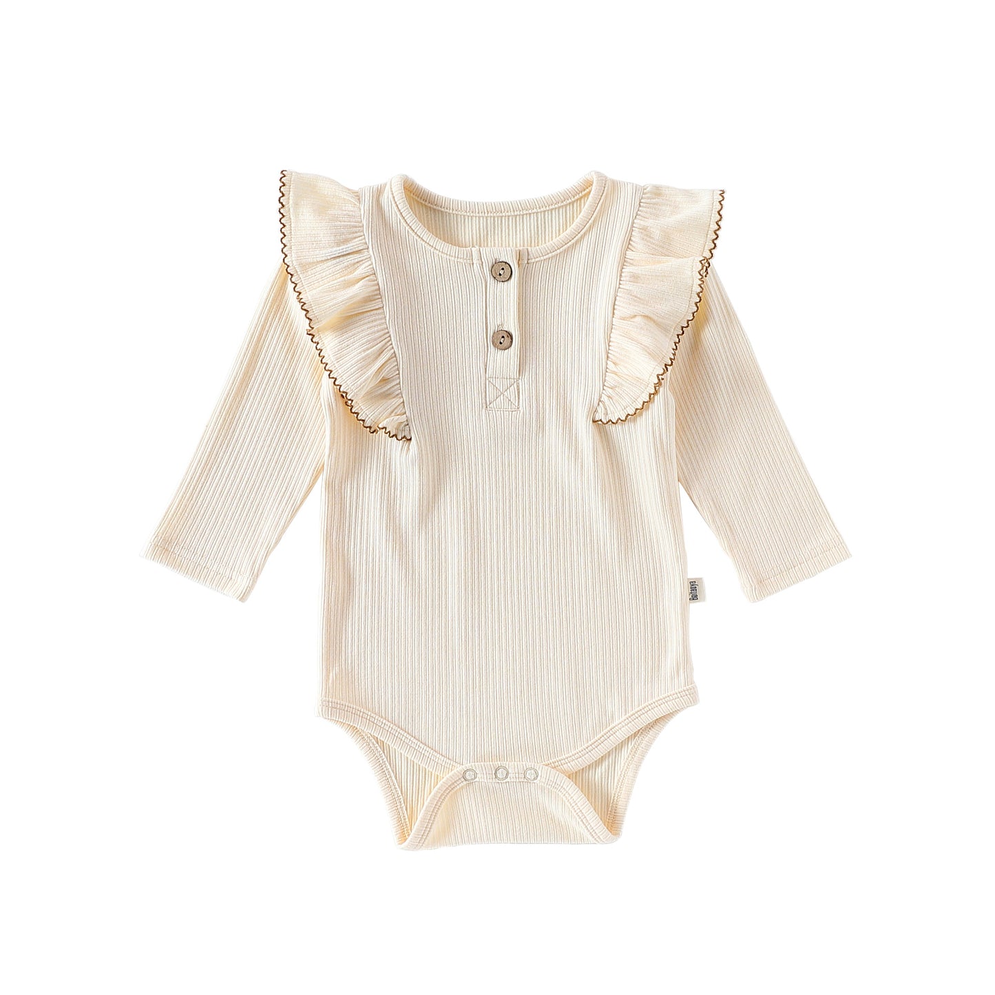 ロンパースセットアップ Beige Bodysuit / 66cm 長袖ロンパース/パンツ ショルダーフリル 無地 ベーシック ボディスーツ【mh0011729】