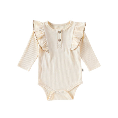 ロンパースセットアップ Beige Bodysuit / 66cm 長袖ロンパース/パンツ ショルダーフリル 無地 ベーシック ボディスーツ【mh0011729】