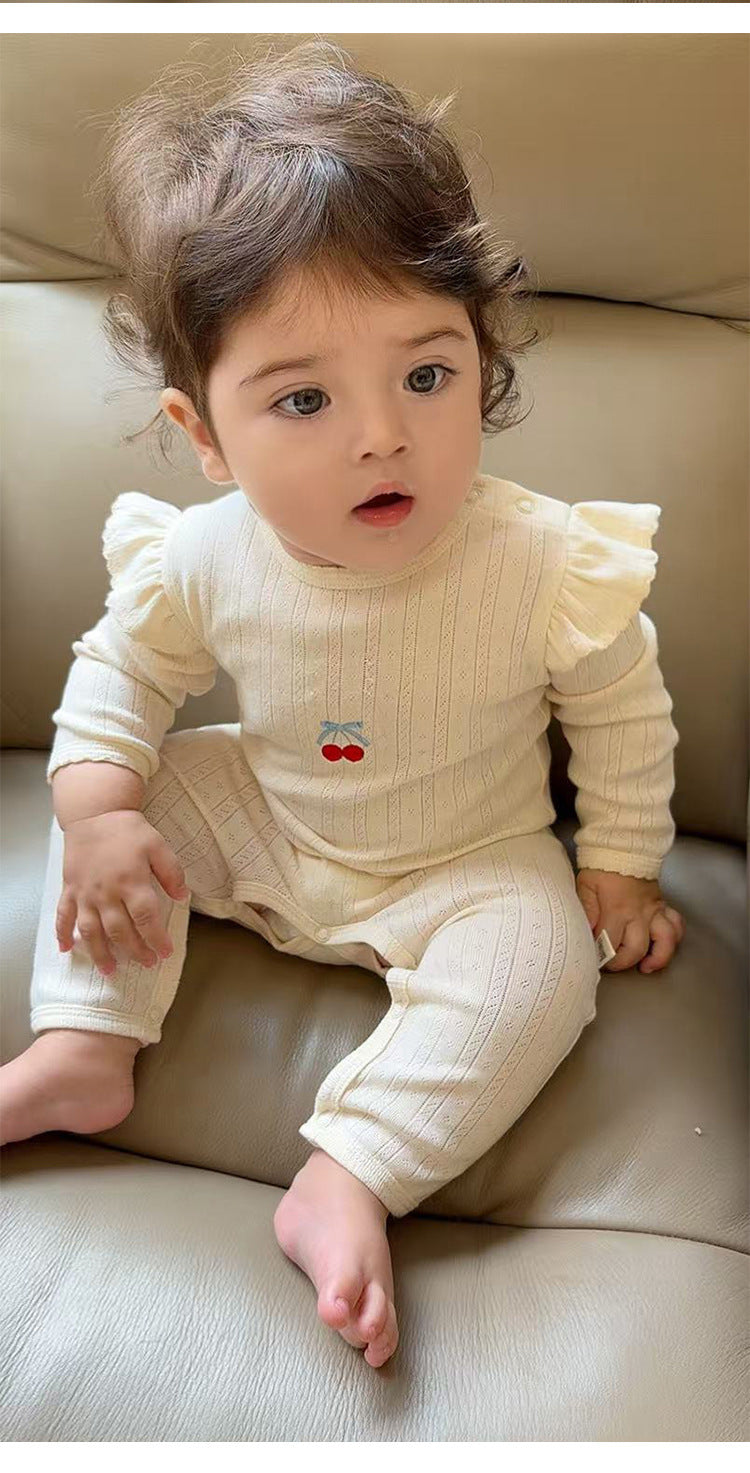 長袖ロンパース 長袖ロンパース コットン フリル 刺繍 リブ カバーオール【mh0011699】