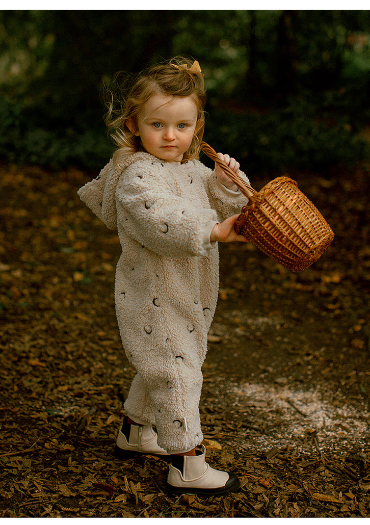 アウタージャンプスーツ アウタージャンプスーツ 月星 ムーンスター刺繍 ボア 厚手 フード付【mh0011705】