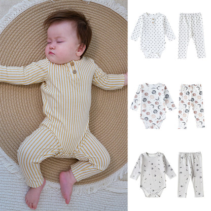 ロンパースセットアップ 長袖ロンパース/パンツ ストライプ スペース宇宙 ドットプリント【mh0011716】