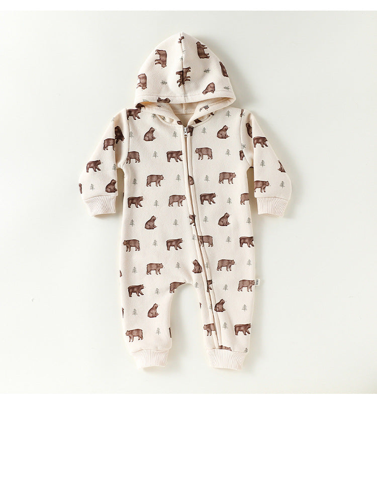 長袖ジャンプスーツ 長袖ジップアップジャンプスーツ フーディロンパース ベアくまプリント【mh0011721】