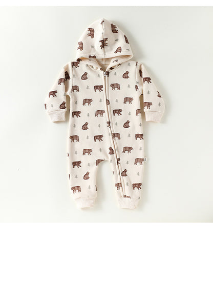 長袖ジャンプスーツ 長袖ジップアップジャンプスーツ フーディロンパース ベアくまプリント【mh0011721】