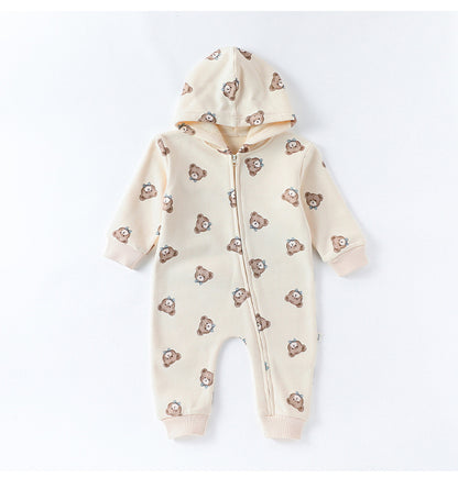 長袖ジャンプスーツ 長袖ジップアップジャンプスーツ フーディロンパース ベアくまプリント【mh0011721】