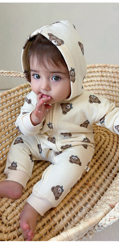 長袖ジャンプスーツ 長袖ジップアップジャンプスーツ フーディロンパース ベアくまプリント【mh0011721】