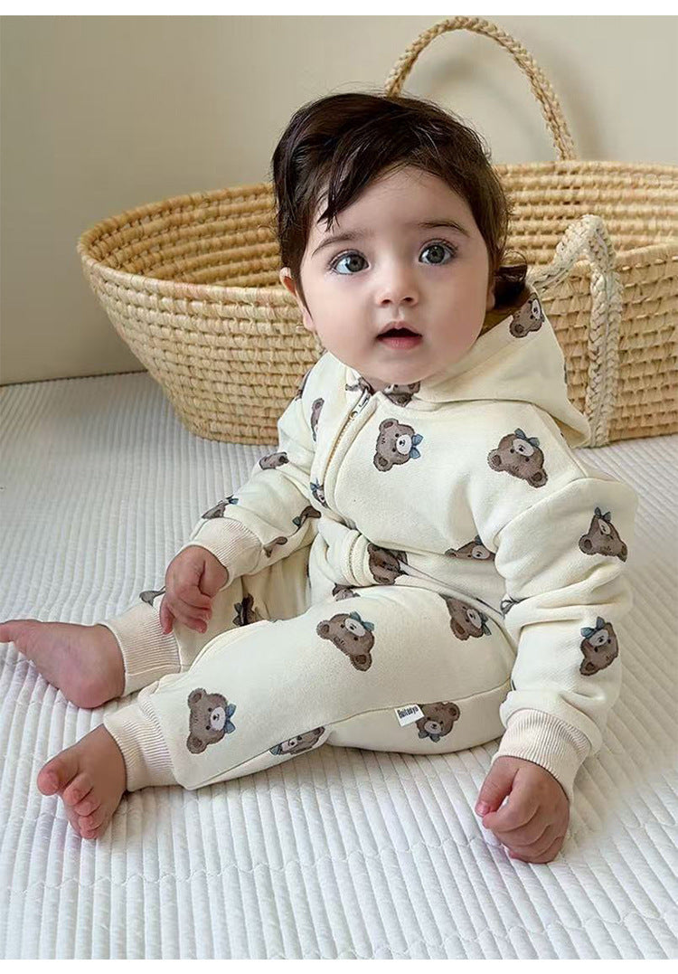 長袖ジャンプスーツ 長袖ジップアップジャンプスーツ フーディロンパース ベアくまプリント【mh0011721】