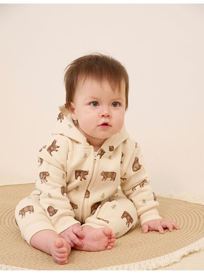 長袖ジャンプスーツ 長袖ジップアップジャンプスーツ フーディロンパース ベアくまプリント【mh0011721】