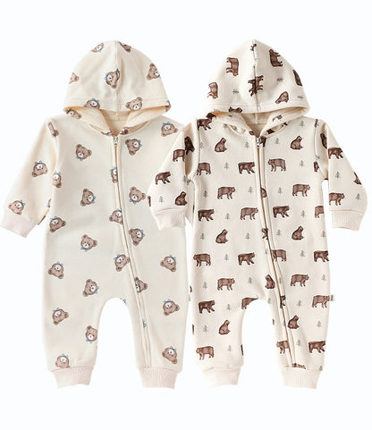 長袖ジャンプスーツ 長袖ジップアップジャンプスーツ フーディロンパース ベアくまプリント【mh0011721】