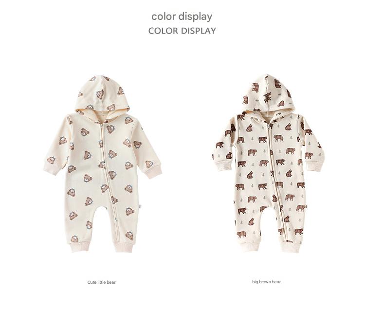 長袖ジャンプスーツ 長袖ジップアップジャンプスーツ フーディロンパース ベアくまプリント【mh0011721】